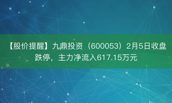 【股价提醒】九鼎投资（600053）2月5日收盘跌停，主力净流入617.15万元